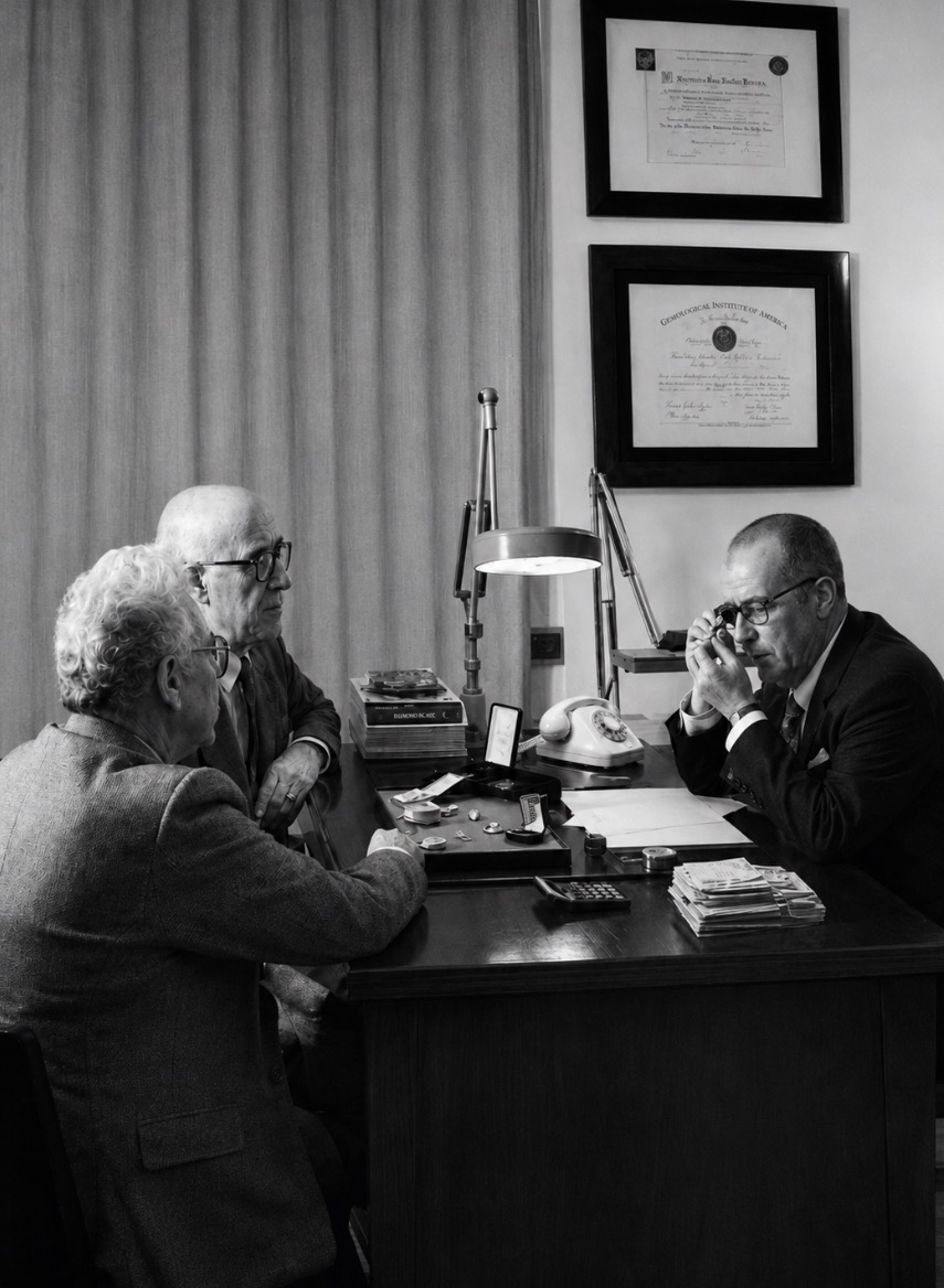Consulta de valoración de joyas con dos clientes y un profesional examinando una pieza